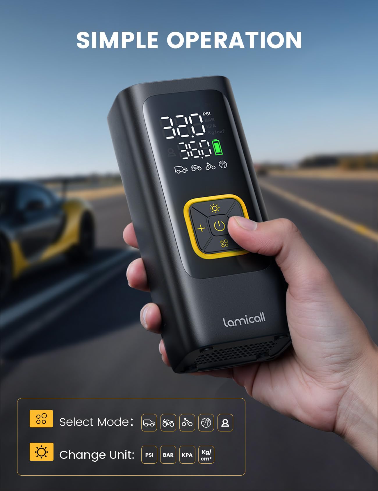 Car Tire Inflator Portable Air Compressor - Lamicall [4X Faster][150 PSI] Bike Air Pump, Rechargeable Battery, Pressure Gauge Display, LED Light, Automatic Car Cordless Pump for Motorcycle, Bike, Ball