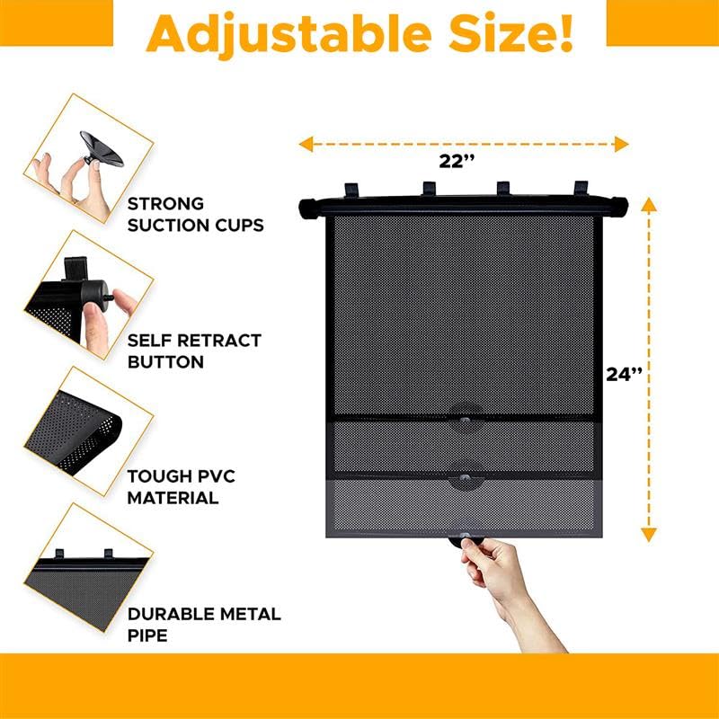 EcoNour Car Window Covers for Baby (2 Pack) | Retractable Car Window Shades for Protecting Kids, Passengers & Pets from Harmful Sun Rays | Window Sun Shade for Trucks, SUVs | (22”x24”)