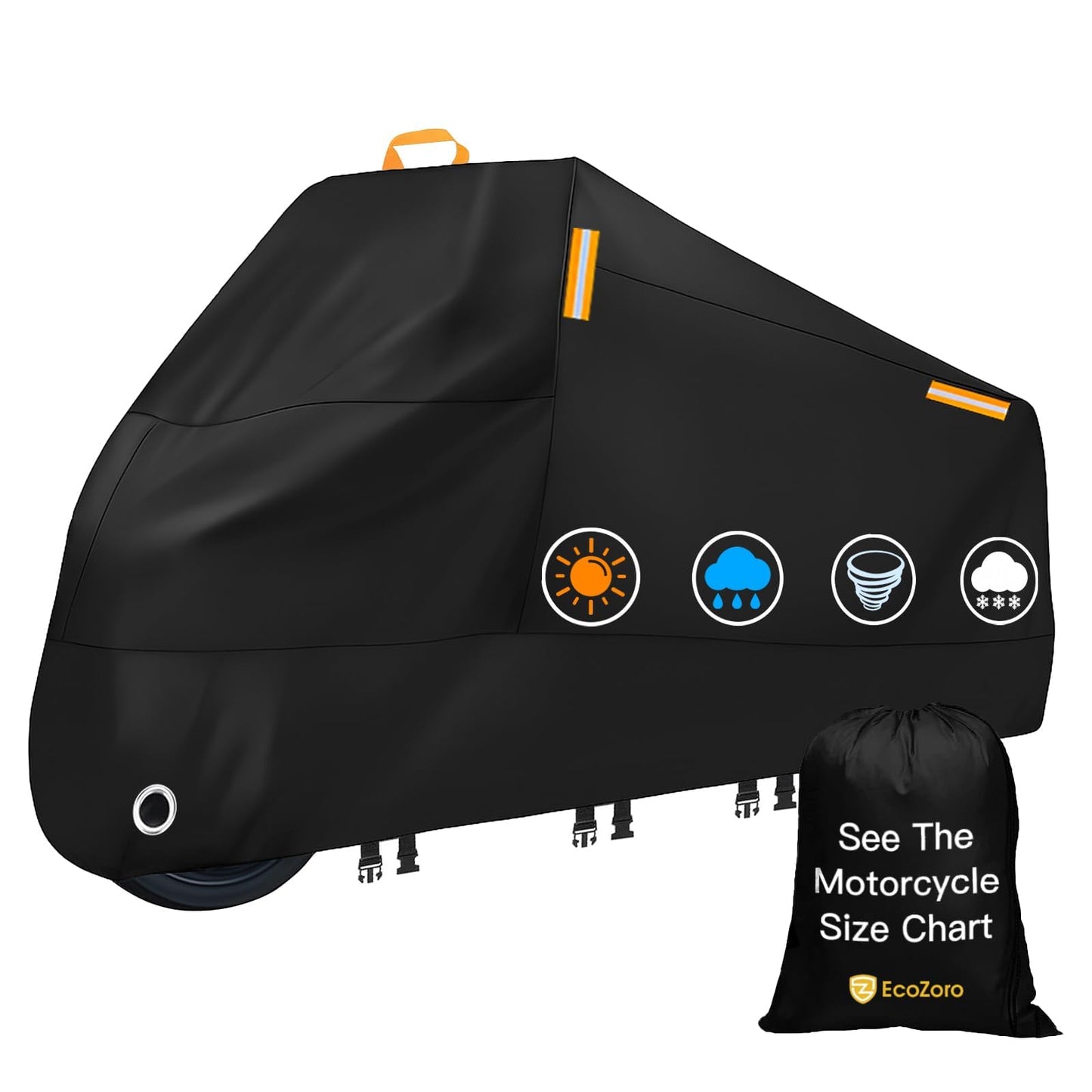 EcoZoro 300D Heavy Duty Motorcycle Cover - All Season Waterproof Outdoor Protection with Lock-Holes, Night Reflective & Storage Bag Fits up to 86.6" Cruiser, Touring, Sportbike, Dirt Bike, Scooter