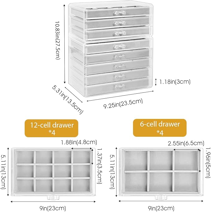 ProCase Earring Holder Organizer Jewelry Box with 8 Drawers, Acrylic Clear Earring Case with Adjustable Velvet Trays for Women - Grey, 8 Layers