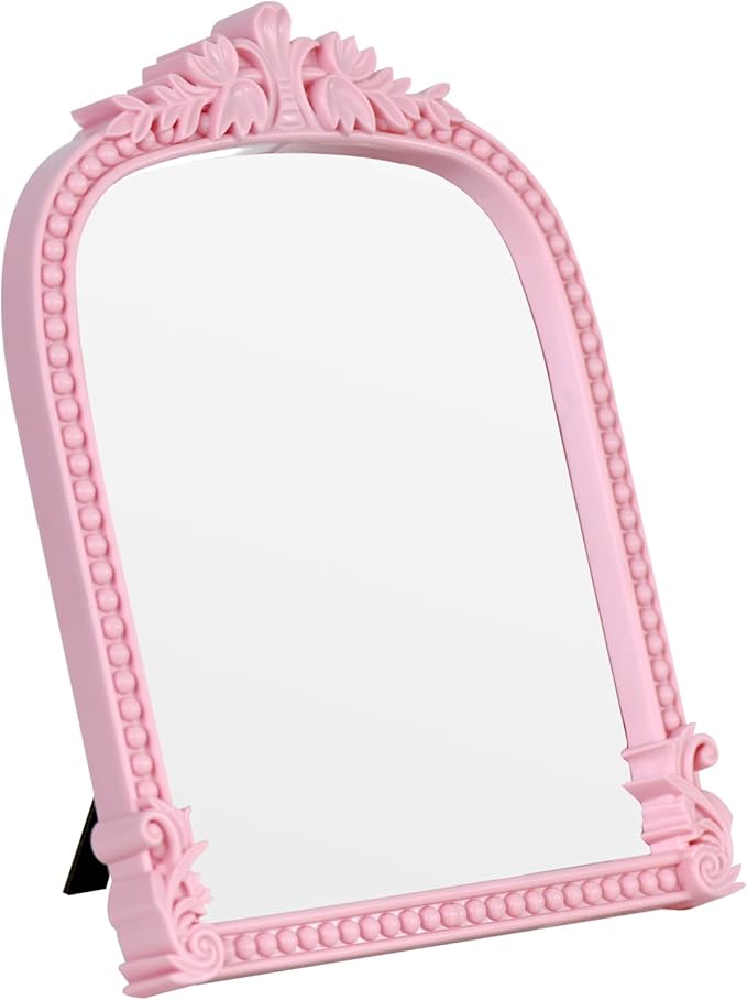 Pink Plastic Arched Makeup Mirror, Standing, Hanging or Wall Mount, Bathroom, Living Room, Bedroom White and Decorative Mirror (Pink-10.6 x 8.6 inch)