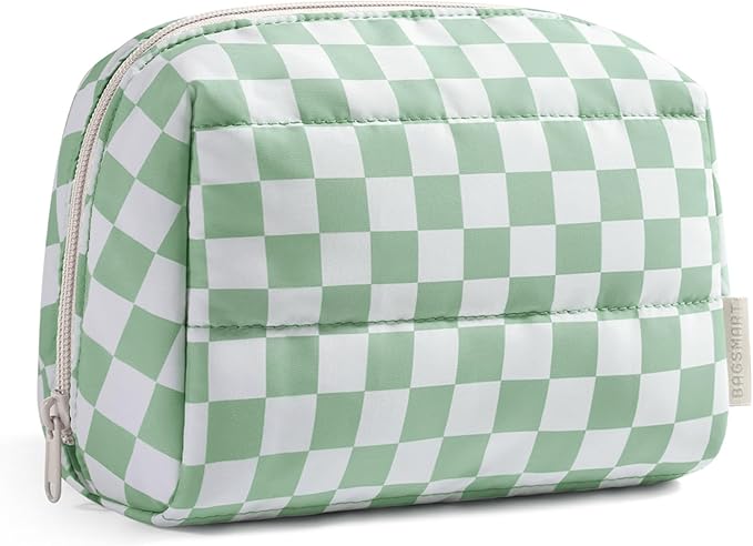 BAGSMART Makeup Bag, Wide Opening Cosmetic Bag Compact & Spacious, Water-Resistant Travel Organizer Pouches for Women (Green checkered)