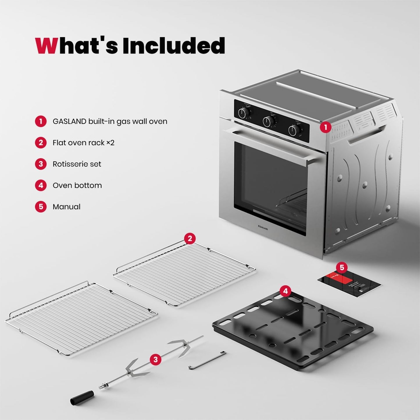GASLAND 24 Gas Wall Oven, ETL Certified Natural Gas Wall Oven, Built-in Single Wall Oven, with Bake Broil Rotisserie Functions, Timer and Convection Fan, 120V Cord Plug, Stainless Steel