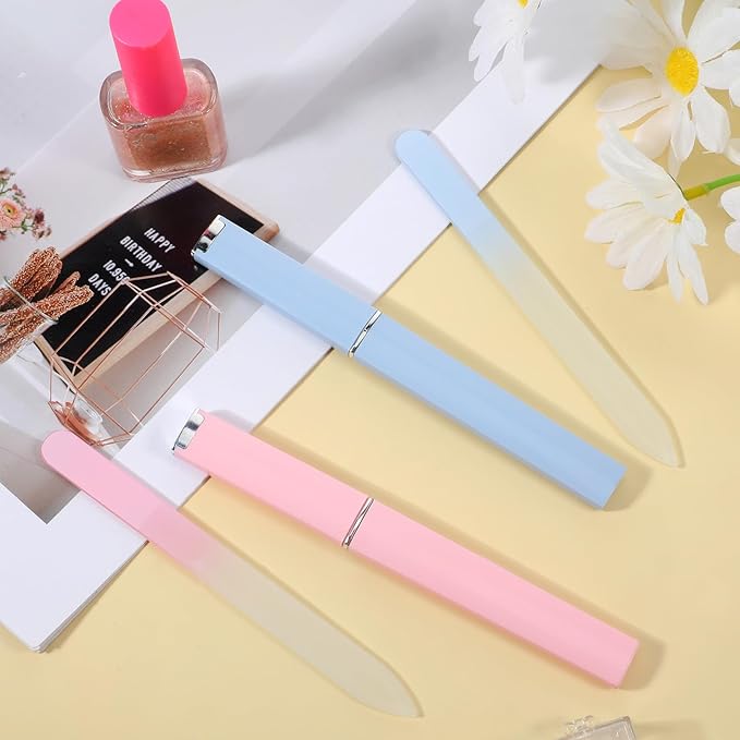 2 Pack Glass Nail Files for Natural Nails, Crystal Nail File with Case, Double Sided Glass Files for Nails (Pink+Blue)