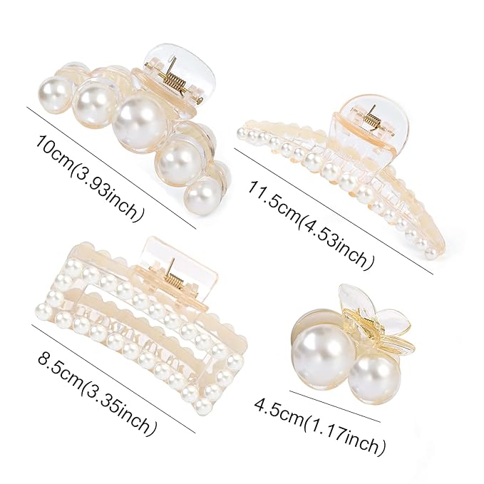 Mehayi 4 PCS Large Pearl Hair Claw Clips for Women Girls, Hair Barrette Clamps for Thick Thin Hair, Fashion Hair Accessories Headwear Styling Tools for Party Wedding