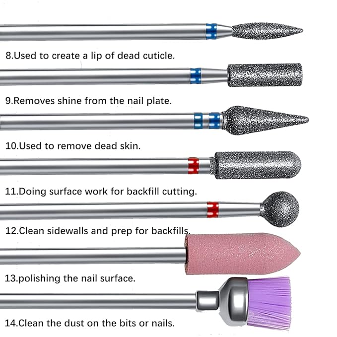 14pcs Nail Drill Bits Set, Professional Rotary Burrs Diamond Cuticle Remover Bits Kit, 3/32" Electric Manicure Nail File Bit for Acrylic Gel Nails Cuticle Manicure