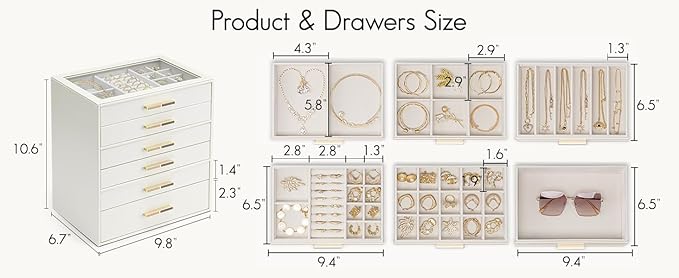 VLANDO 6 Layer Jewelry Box for Women, Glass Lid Jewelry Organizer with 6 Drawers for Necklaces Rings Earrings Bracelets - Cloud White