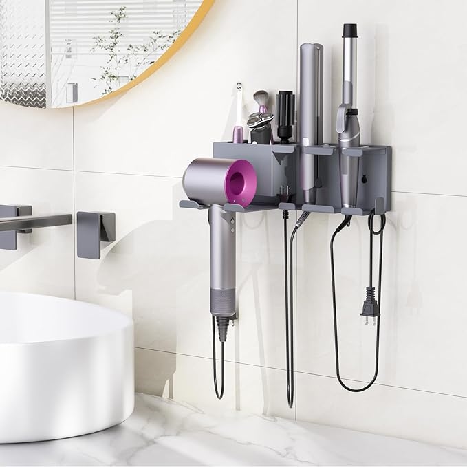 YSD Hair Dryer Holder Wall Mounted, Metal Hair Tools Organizer, Hair Dryer Holder for Blow Dryer, Curling Iron, Straightener, 3 in 1 Bathroom Hair Tool Organizer, Grey