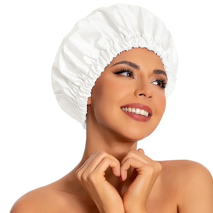 Reusable Shower Cap for Women, Large Waterproof Shower Bonnet with Elastic Band, Washable Bath Hair Cap for Long, Curly Hair, Braids, Daily Shower, Home Spa, Travel(White)
