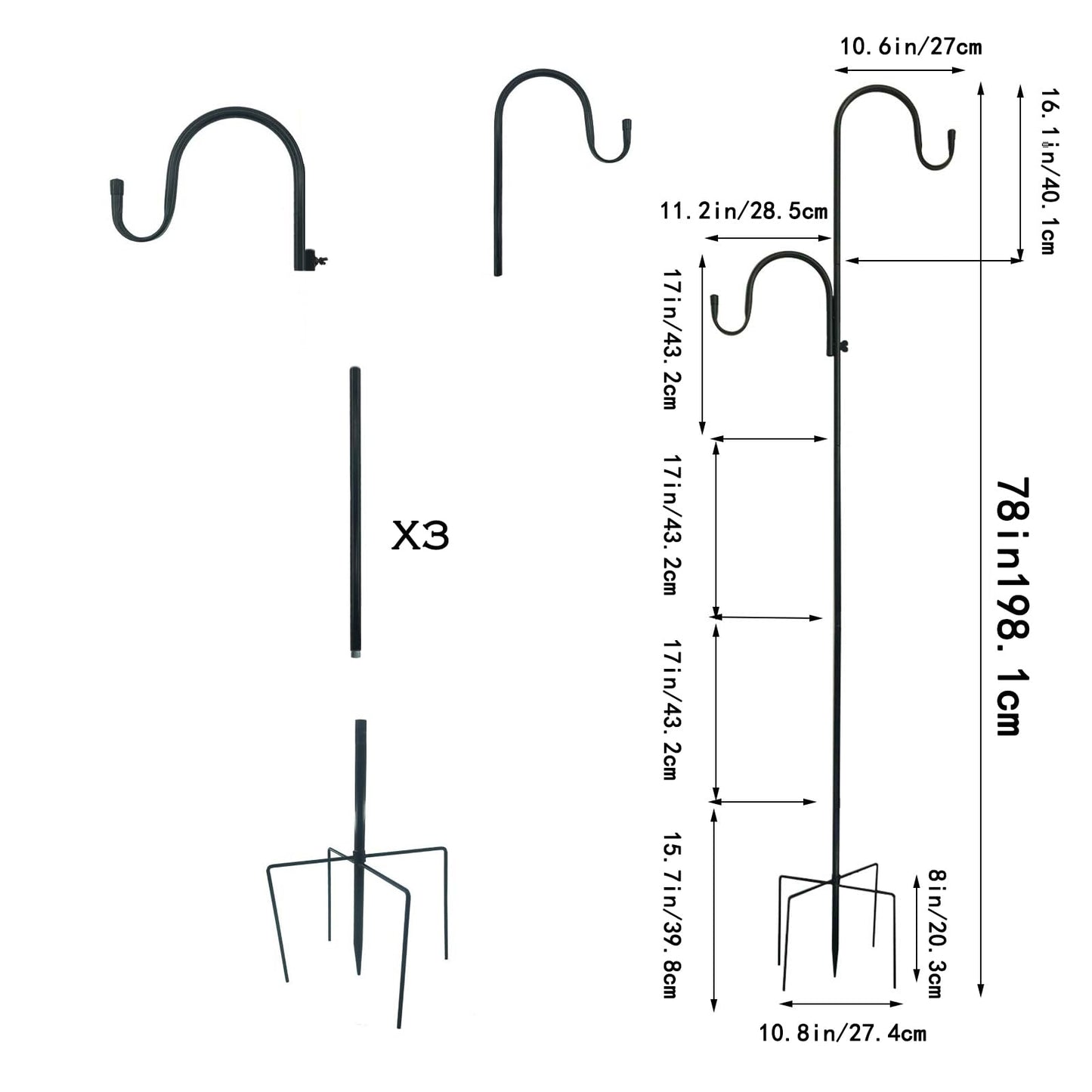 MIPON 78 Inch Double Shepherds Hooks for Outdoor Bird Feeder,Hanging Plants,Solar Light,Adjustable 78/62/46/30 Inch,3/4 Inch Width Garden Shepards Hook