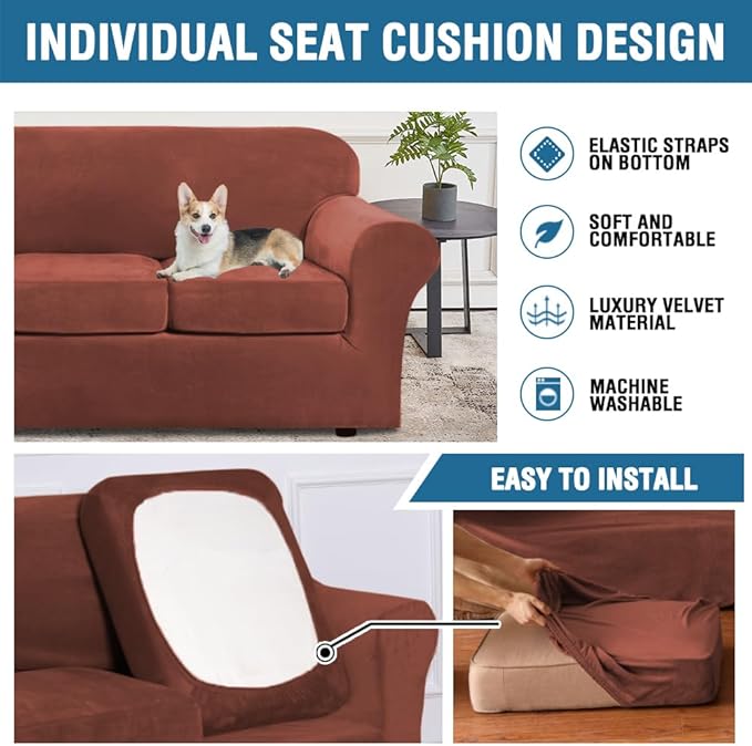 H.VERSAILTEX Rich Polyester and Spandex 2 Piece Cover Chair Slipcover Sofa Cover Furniture Protector Couch Soft with Elastic Bottom Chair Couch Cover with Arms, Machine Washable(Chair, Rust)