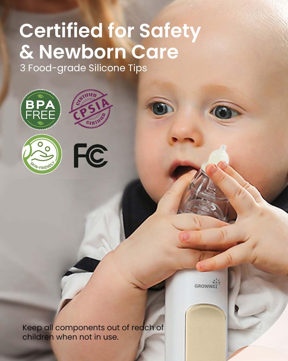 GROWNSY Nasal Aspirator for Baby, Electric Baby Nose Sucker, Automatic Nose Cleaner with Larger Suction Chamber and More Powerful Suction, Music and Light Soothing Function, Beige