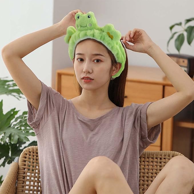 Kawaii Spa Headband for Washing Face, Cute Green Frog Headband for Make Up, Washing, Party, Soft Headband for Woman Girls