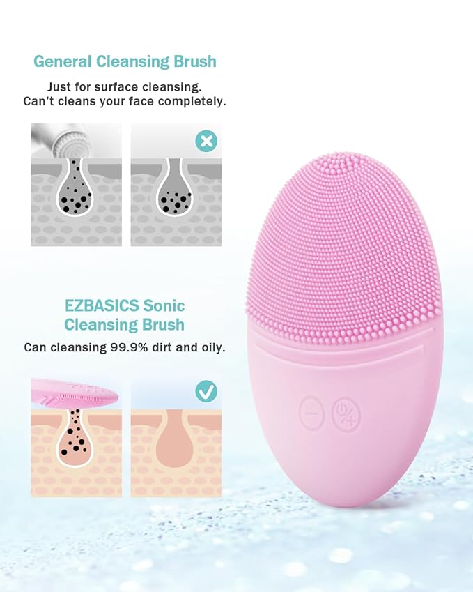 EZBASICS Facial Cleansing Brush Made with Ultra Hygienic Soft Silicone, Waterproof Sonic Vibrating Face Brush for Deep Cleansing, Gentle Massaging, Inductive Charging (Pink) 1 Pack+5 Speed Settings