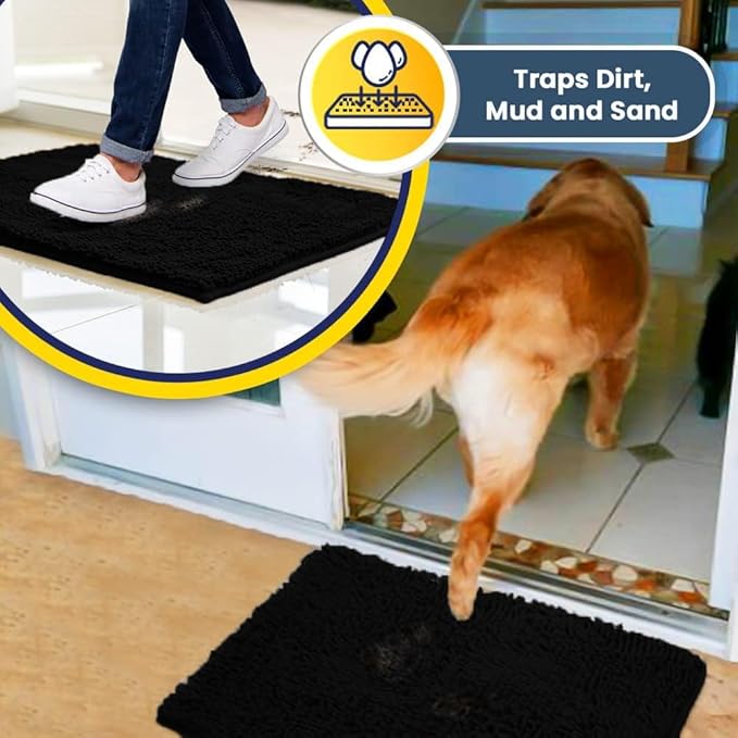 Muddy Mat® | Super Absorbent Door Mat Indoor, Microfiber Quick Dry Chenille Entryway Rug, Non-Slip Front Door Mat, Indoor Mats for Entryway, Machine Washable Pet Rug, Black 3ft x 8ft