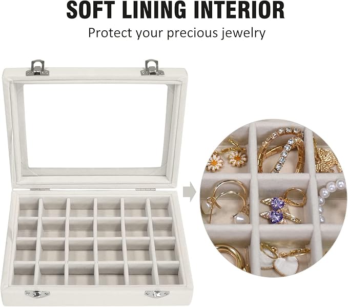Velvet Jewelry Box 24 Grid Jewelry Ring Display Organiser Box Tray Holder Earrings Storage Case for Girls Wife Mom Women (Beige)