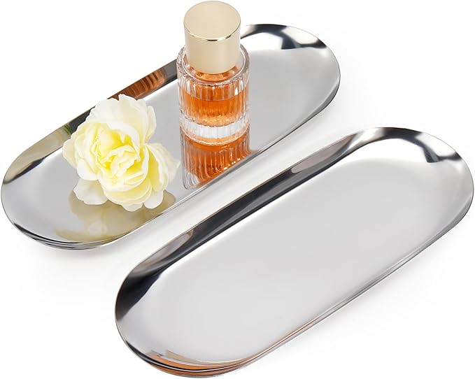 2PACK Silver Decorative Tray,Oval Stainless Steel Trays, Decorative Tray for Jewelry Dish Cosmetics Organizer Bathroom Clutter Serving Platter (Silver, 9 in)