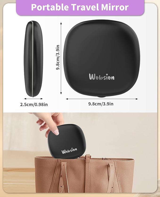 WOBSION Rechargeable Lighted Travel Makeup Mirror,1x/10x Compact Magnifying Mirror with Lights,Portable for Bag,4inch,Gift,Black