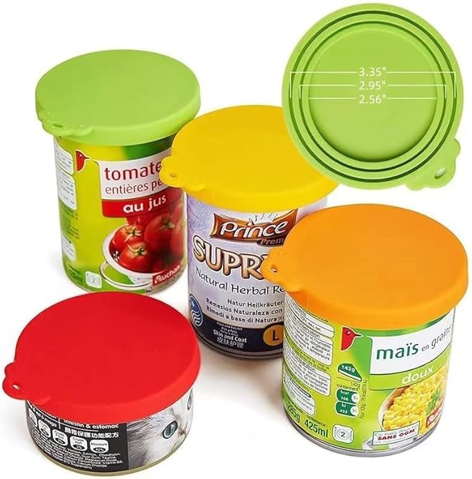 MoPawKT- Pet Food Can Covers Silicone Lids for 3-15 oz Cans, 3 Inner Diameters 2.6”/3”/3.4” Fit for Most Cat & Dog Food Cans/Tins, BPA Free, Reusable (set of 3 lids+1 spoon)