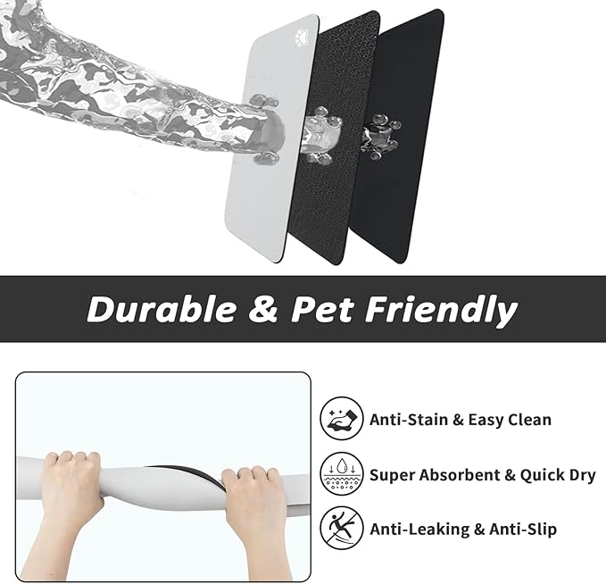 Dog Food Mat - Absorbent Cat Mat for Food and Water, No Stains Pet Feeding Bowl Mat, Easy to Clean Pet Placemats, Quick Dry Dog Water Dispenser Mat for Messy Drinkers | Paw Light Grey 18"x34"