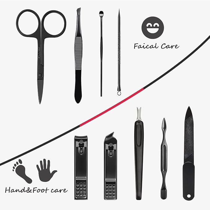 Manicure Set 9 in 1 Stainless Steel, Nail Clippers Scissors Pedicure Tools Kit - Portable Travel Grooming Kit for Men and Women with Black/Red Leather Case (Red)