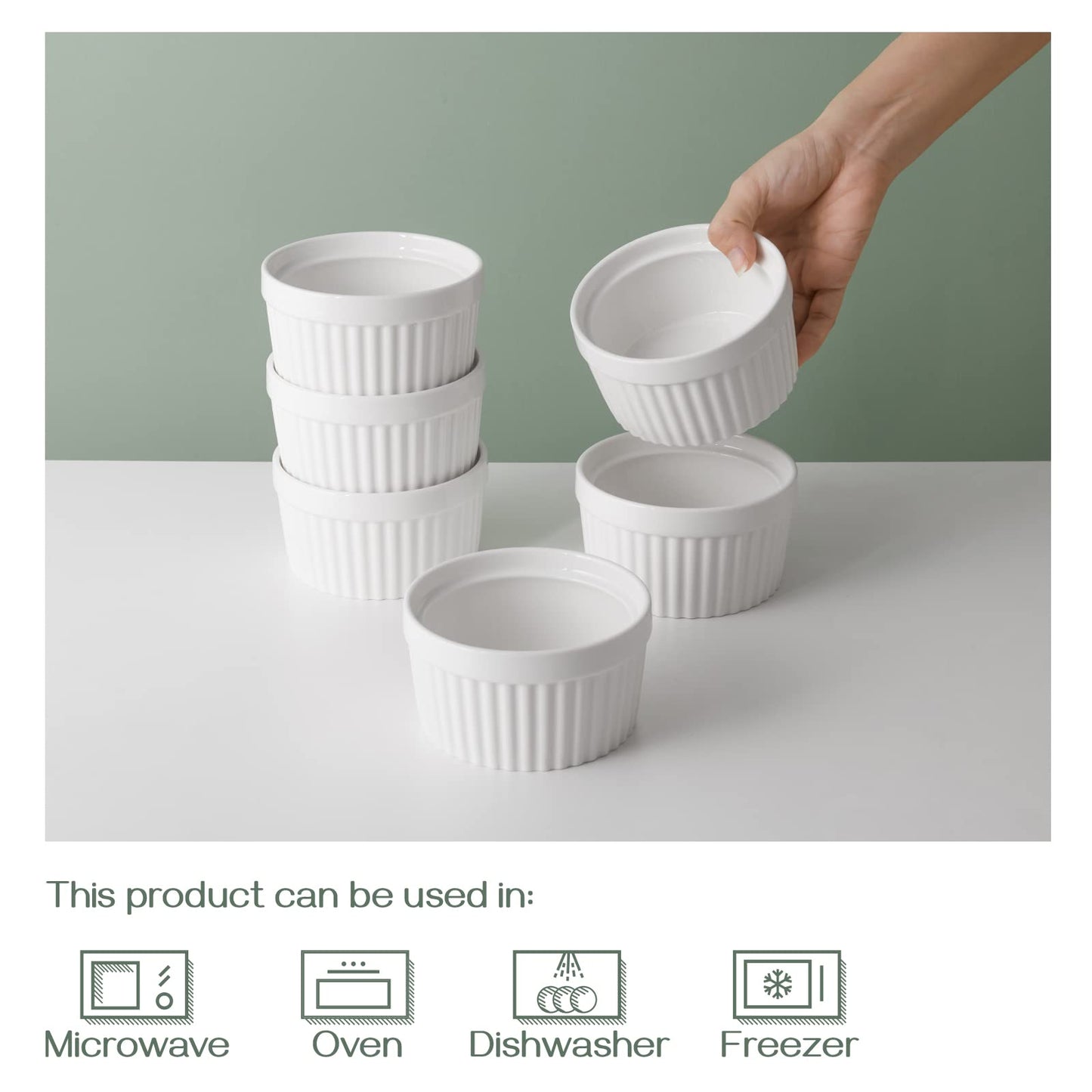 DOWAN Ramekins 12 oz Oven Safe, Creme Brulee Ramekin Souffle Dishes for Baking, Porcelain Samll Bowls for French Onion Soup, Dessert Custard Cups Sauce Dish, Set of 6, Soft White