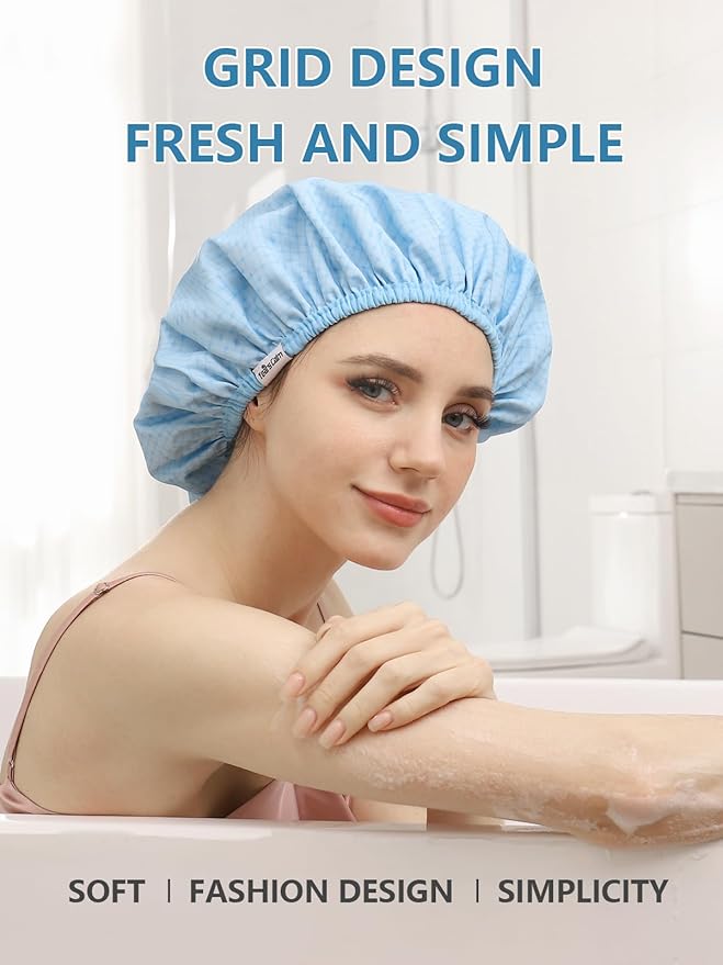 Years calm Shower Caps for Women Reusable Waterproof, Double Layer Waterproof Fabric - Both Sides Usable, Reversible Pattern & Solid Color Design, Soft Elastic Keeps Hair Dry for shower Spa Travel