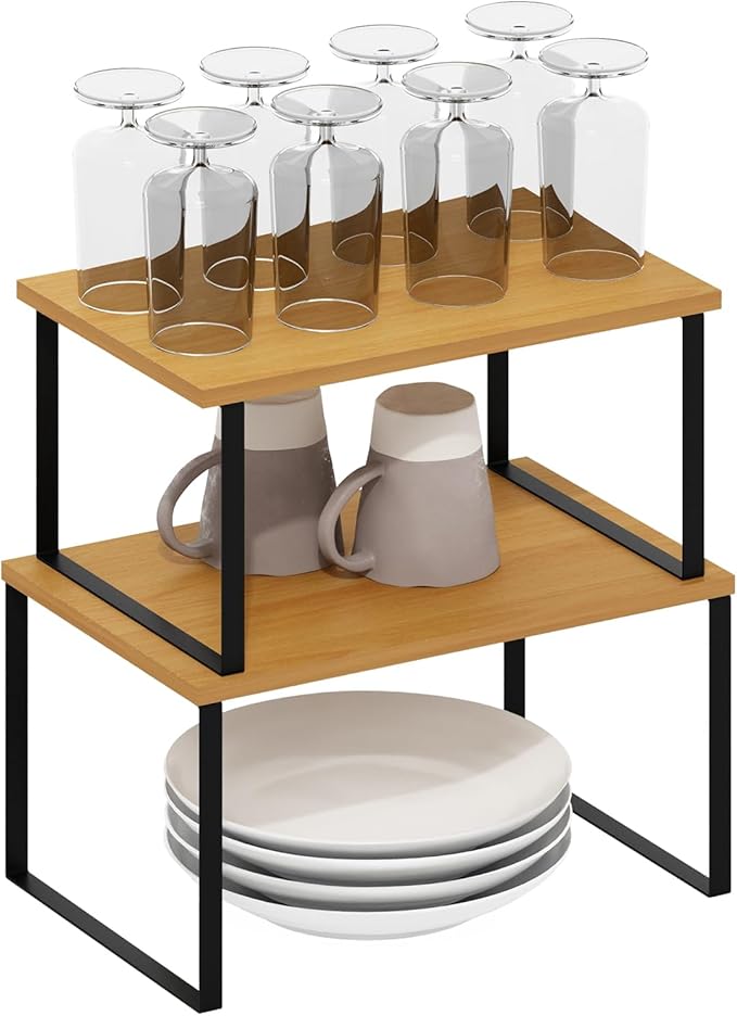Furinno RAVEL Kitchen Countertop Organizer Set of 2, Nesting Counter Shelves, Kitchen Storage, Expandable, Stackable, Spice Rack, for Kitchen, Pantry, Coffee Bar, Beech