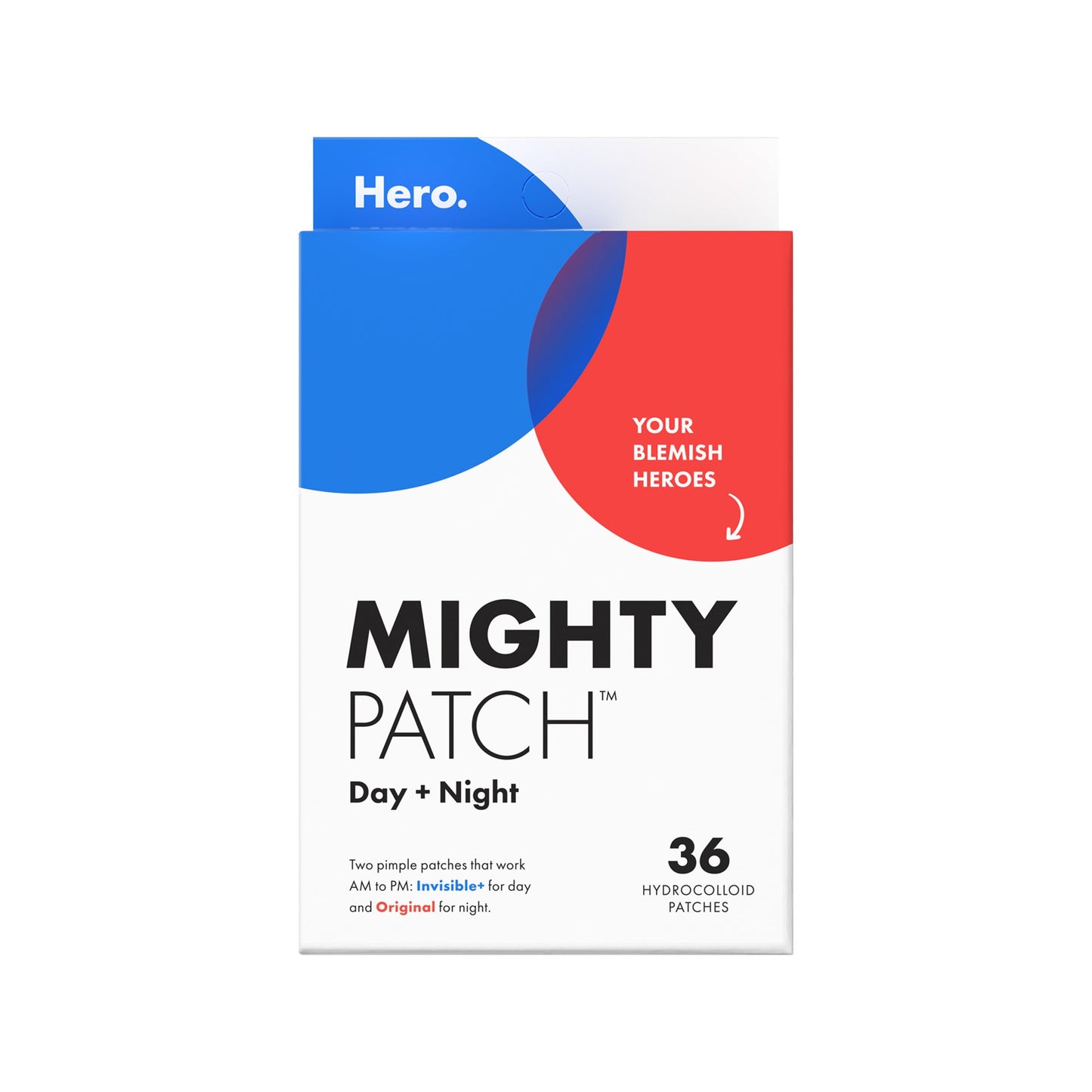 Mighty Patch™ Day and Night Patches – The Hydrocolloid Patch Duo Pack. Derm-Tested. Medical-Grade Hydrocolloid. Absorbs Pimple Gunk in 6-8 Hours. 36ct (18x Original, 18x Invisible+)