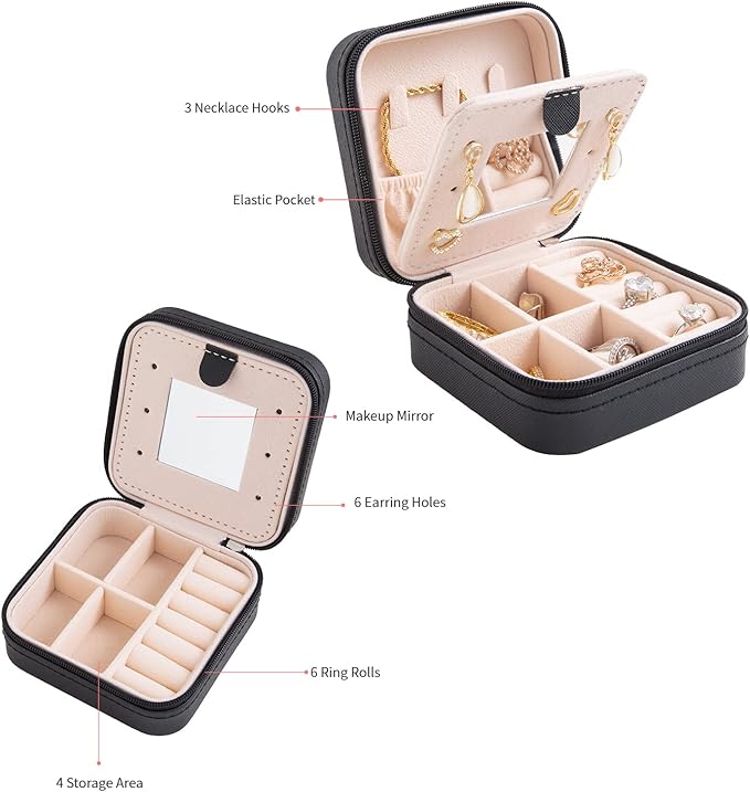 KElofoN Travel jewelry case Travel jewelry box Travel Jewelry Organizer Small Jewelry Organizer Box Gift for Girls Women with Mirror(Black)