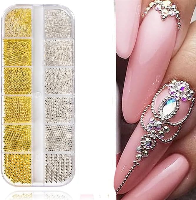 0.8mm Mini Small Nail Beads Stainless Steel Beads Nail Beads Gold Charms Nails Art Decorations Gun Grey Rose Gold Caviar Nail Charms DIY Tool Nail Studs Accessories Caviar Beads for Nails (Silver)