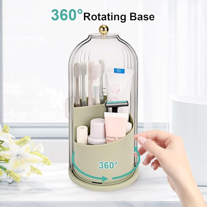 QIYVLOS Toothbrush Holders with Sliding Lid, Rotating 3 Slots Bathroom Organizer Countertop, Tooth Brush Toothpaste Holder Bathroom Counter Stand Sink Organizer Caddy for Makeup Brushes Holder (Green)