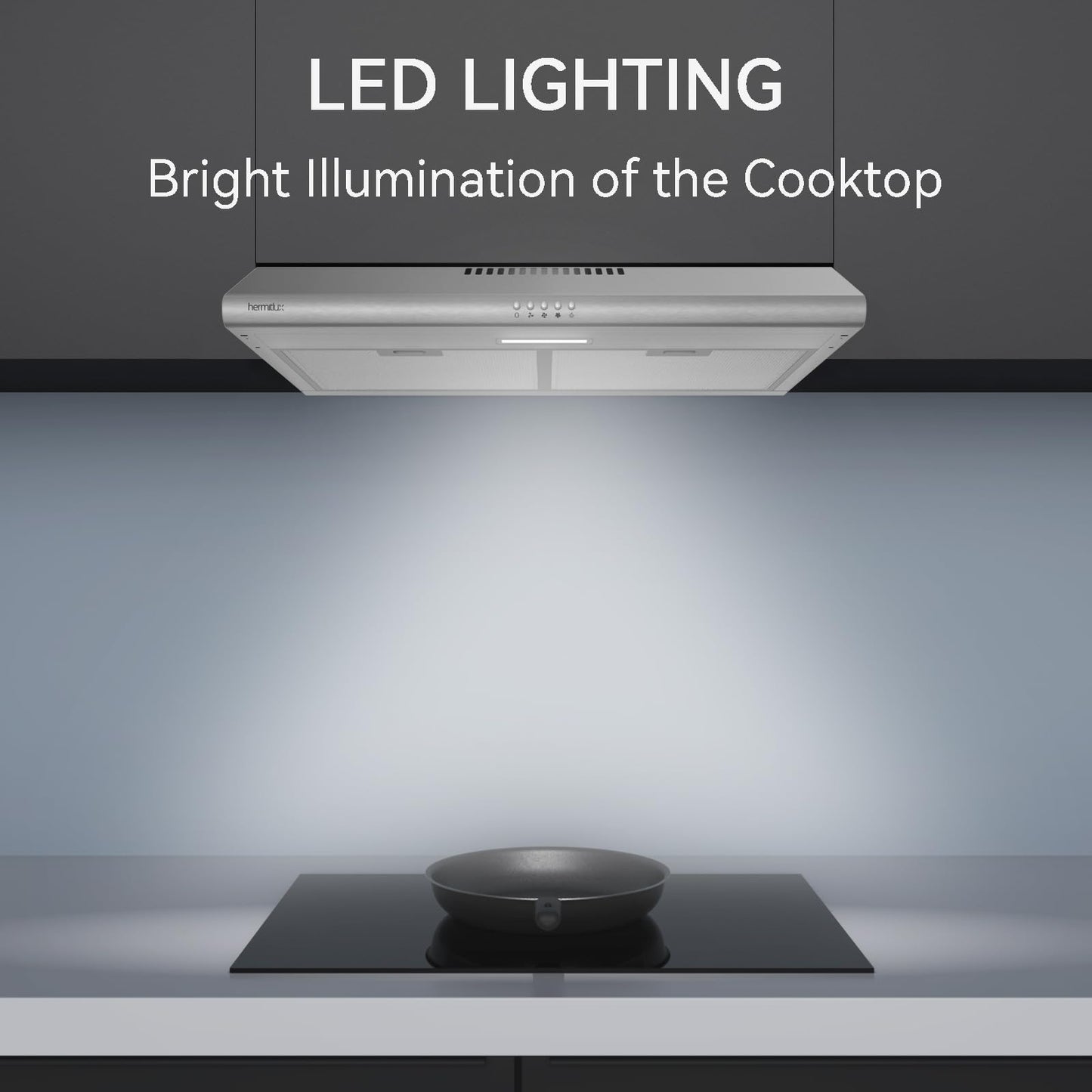 Hermitlux Under Cabinet Range Hood, 30 inch Vent Hood With 3 Speed Exhaust Fan, Ducted And Ductless Convertible, LED Bright Light Bulbs and Charcoal Filter, Stainless Steel Filter, Stainless Steel