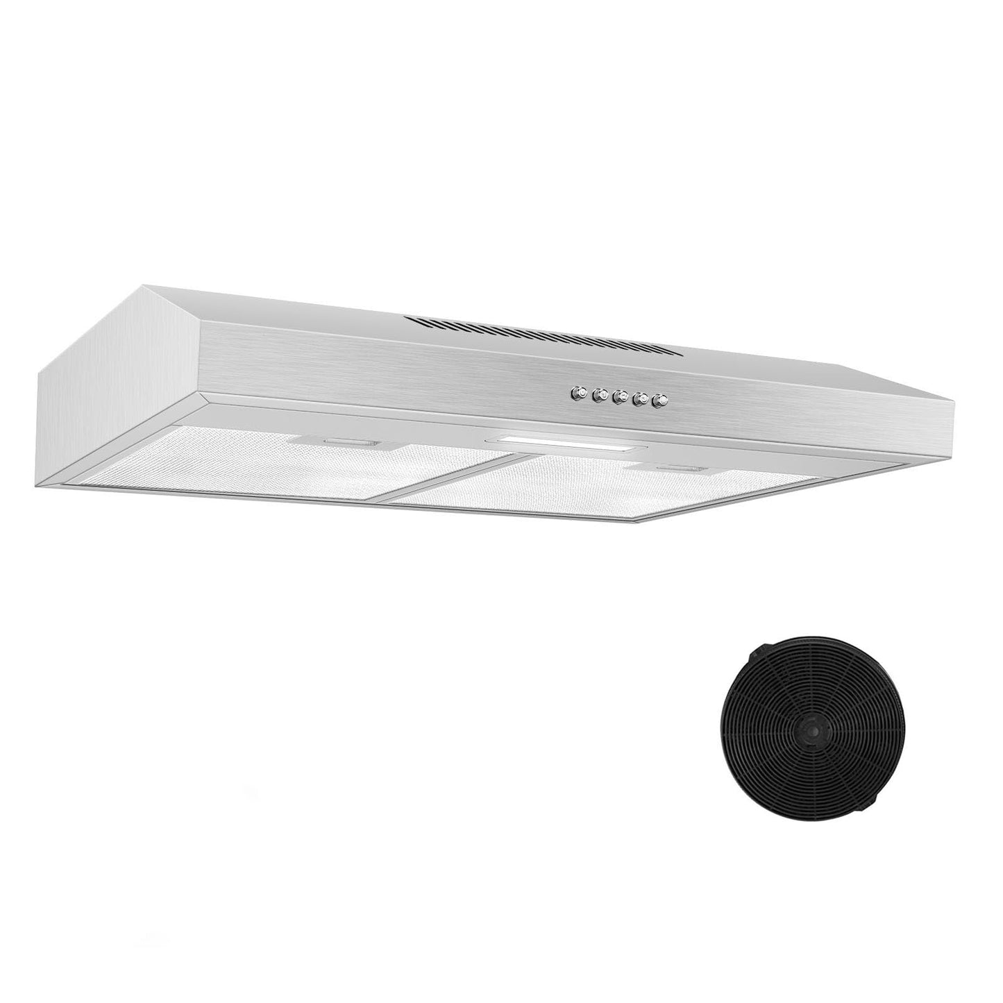 Zomagas Range Hood 30 inch Under Cabinet, Stainless Steel Range Hood 280CFM, Slim Kitchen Stove Hood w/Push Button, Ducted/Ductless Convertible Duct, 3 Speeds Exhaust Fan, LED Light and Carbon Filter