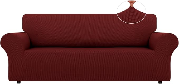 LURKA Stretch Sofa Slipcovers 1 Piece Couch Covers for 3 Cushion Couch Sofa Furniture Protector Full Sofa Covers with Elastic Bottom for Kids and Dog (Large, Dark Red)