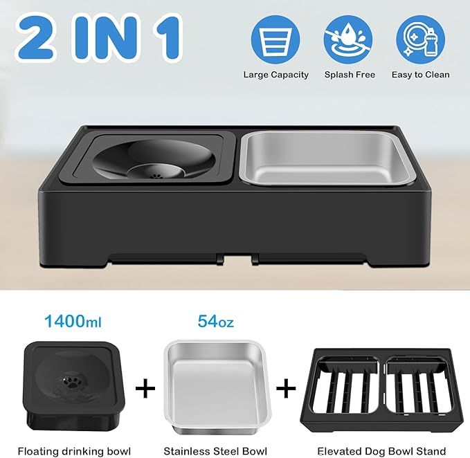 2-in-1 Elevated Dog Bowls, Raised Pet Bowl with Stainless Steel Food Bowl and Spill Proof Water Bowl, 4 Adjustable Heights, Non-Slip Stand, for Small, Medium, Large Dogs and Pets