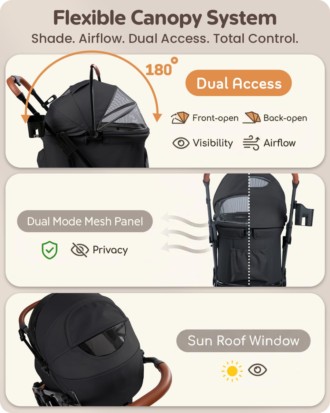PAWLALA Pet Stroller with Detachable Carrier for Small & Medium Dogs & Cats, Smooth Comfort Ride with Shock-Absorbing Suspension, Foldable Dog Stroller, Compact Storage (Midnight Black)