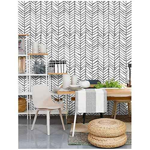 HAOKHOME Black and White Wallpaper Peel and Stick Stripe Herringbone Geometric Textured Self Adhesive Contact Paper Removable for Bathroom 17.7in x 9.8ft