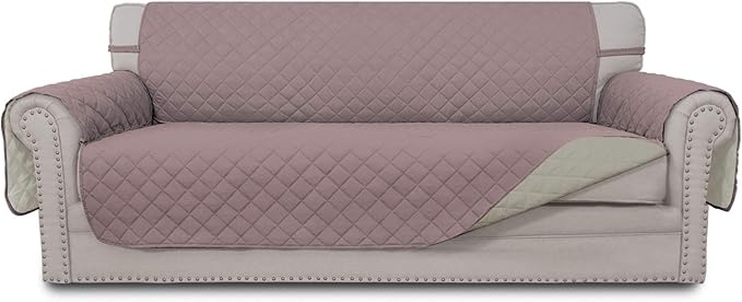 Easy-Going 4 Seater Sofa Slipcover Reversible Sofa Cover Water Resistant Couch Cover with Foam Sticks Elastic Straps Furniture Protector for Pets Children Dog Cat (XX-Large, Pink/Beige)
