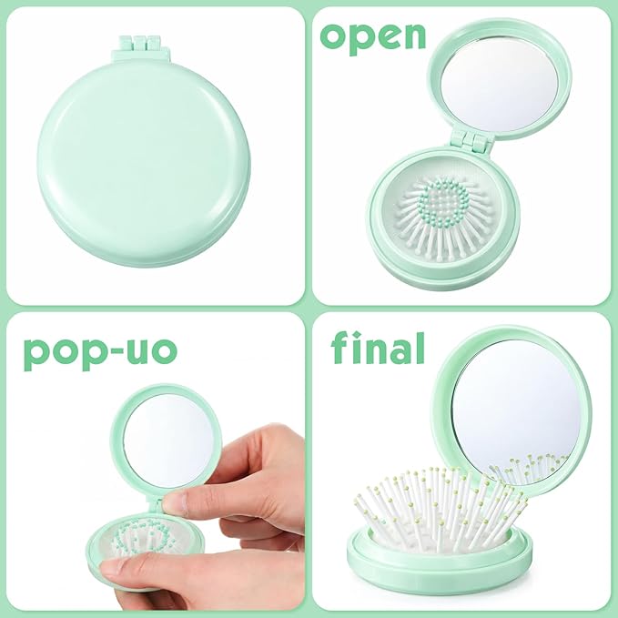 Boao 2 Pack Foldable Travel Mirror Hair Brushes Round Portable Folding Pocket Hair Brush Mini Comb Compact Travel Size Massage Comb for Men Women (Green,Round)