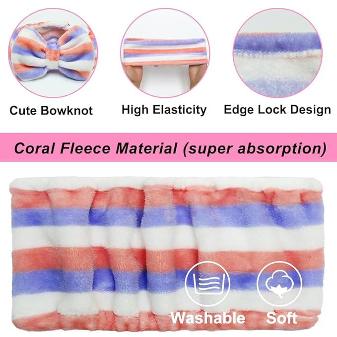 Shintop Women Fashion Lovely Soft Carol Fleece Bowknot Bow Makeup Cosmetic Shower Elastic Hair Band Hairlace Headband (Purple Stripe)