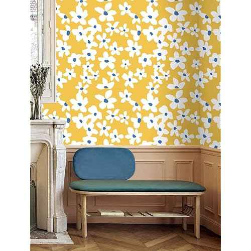 HAOKHOME Yellow Peel and Stick Wallpaper Floral Yellow/White/Blue Removable Wall Paper for Bedroom Bathroom Textured Stick on Contact Paper 17.7in x 9.8ft