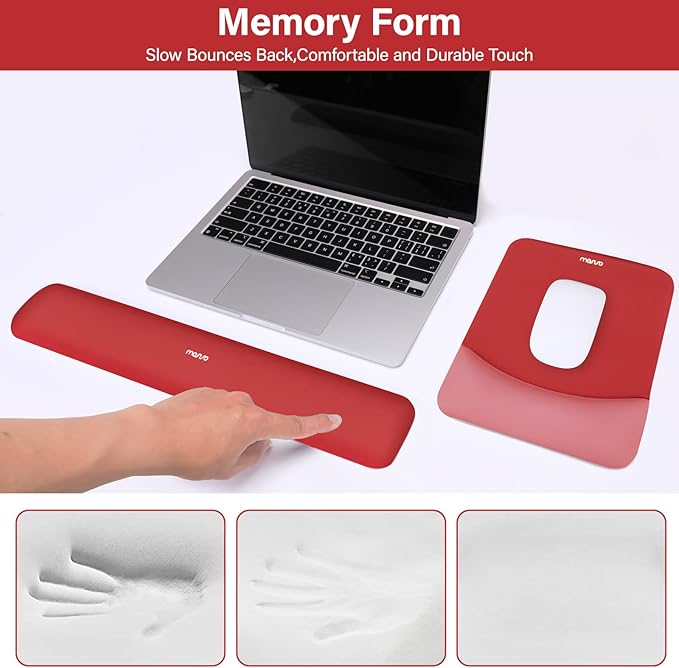 MOSISO Wrist Rest Support for Mouse Pad&Keyboard Set, Rectangular Ergonomic Mousepad Non-Slip Base Home/Office Pain Relief&Easy Typing Pad with Neoprene Cloth&Raised Silicone Lining, Red