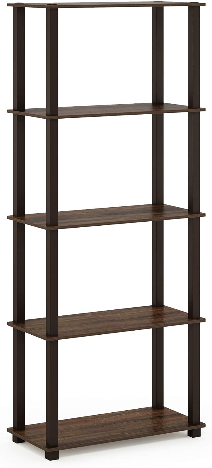 Furinno TURN-S-TUBE Book Shelf, 5-Tier Toolless Storage Shelves with Square Tubes, Shelving Unit for Organization and Storage for Living Room, Home Office, Walnut