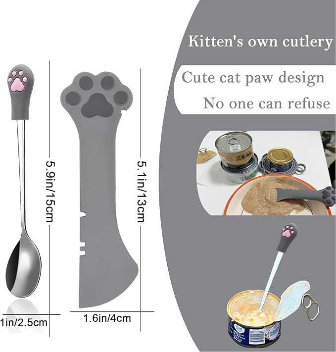 SJANE 4 Pcs Cat Food Can Spoon & Can Covers | Cute Paw Silicone Pet Food Can Opener Spatula & Can Lids | Stainless Steel Wet Food Spoon for Cats and Dogs(Grey)