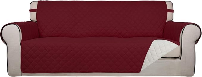 PureFit Reversible Quilted Sofa Cover, Water Resistant Slipcover Furniture Protector, Washable Couch Cover with Non Slip and Elastic Straps for Kids, Pets (Oversized Sofa, Red/Ivory)