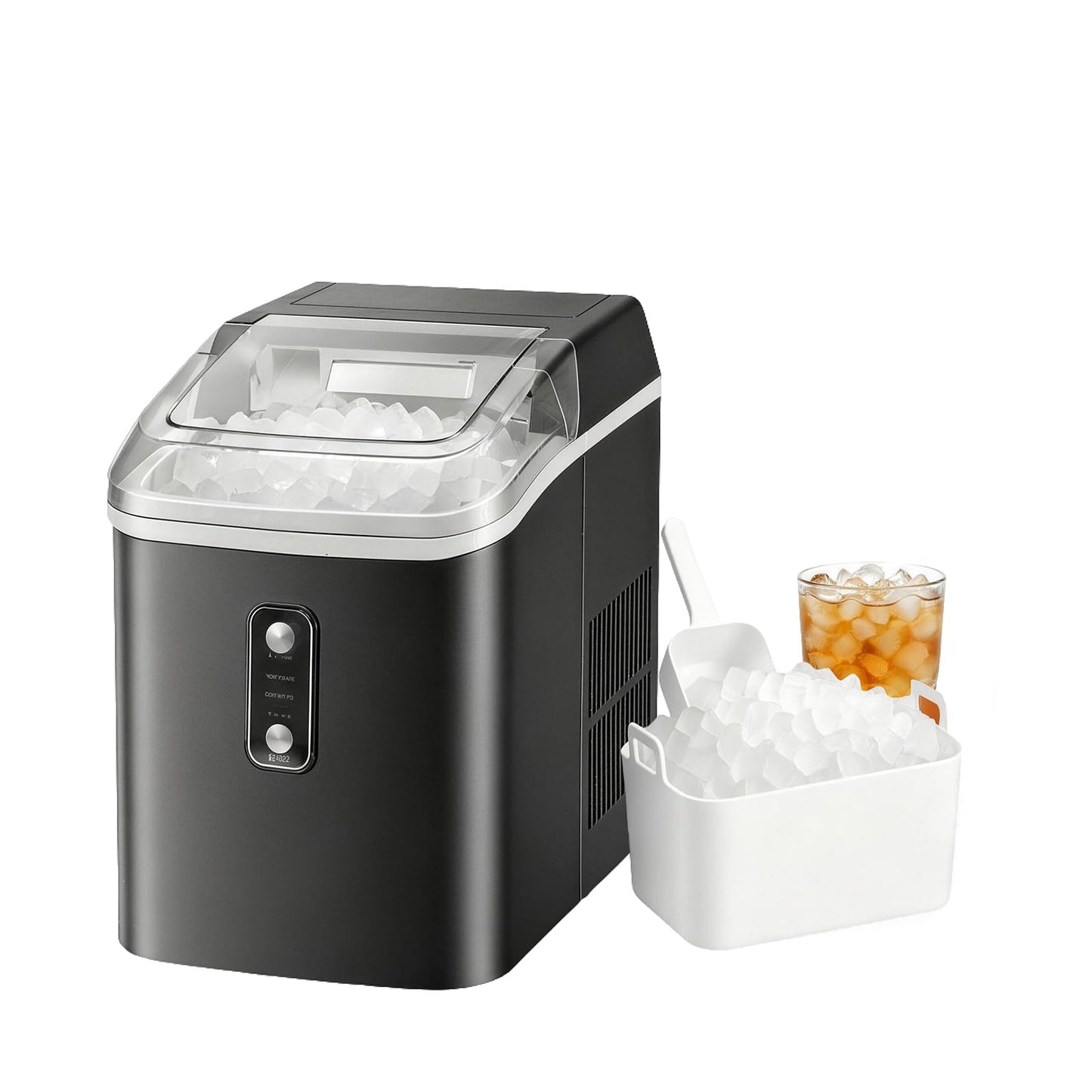 KMFurnila Nugget Ice Maker Countertop, Portable Ice Makers Machine with Removable Basket and Scoop, Self-Cleaning, Quiet, 6-Min Ready, 24lbs in 24Hrs, Visible, for Home, Party, RV, Camping, Black