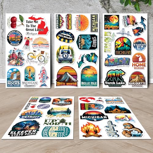 Michigan State Travel Stickers 50 Pieces Vinyl Waterproof Decal for Laptop Water Bottle Phone Car Window Bike Motorcycle Stakeboard Scrapbook Sticker Gifts