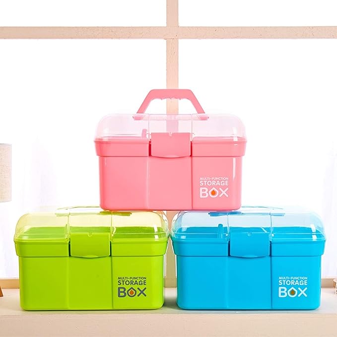 11'' Plastic Storage Box with Removable Tray, Multipurpose Organizer and Storage Case for Art Craft and Cosmetic (Green)