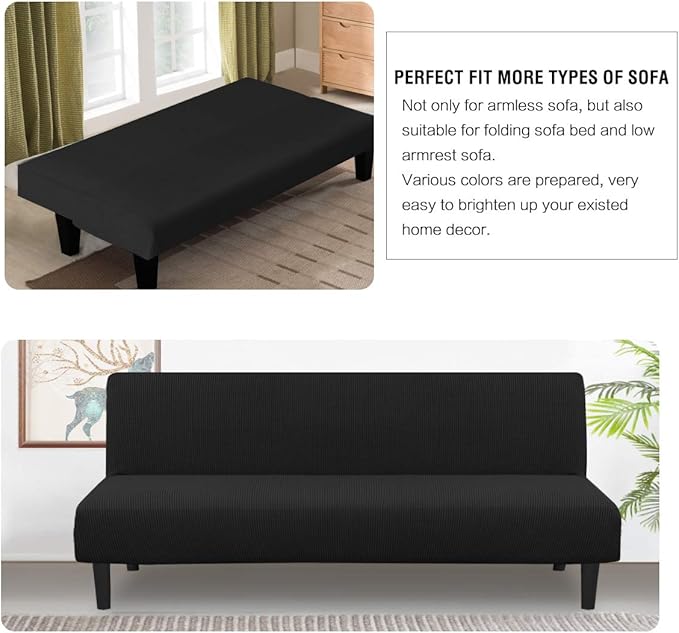 H.VERSAILTEX Armless Futon Cover Stretch Sofa Bed Slipcover Protector Elastic Feature Rich Textured High Spandex Small Checks Jacquard Fabric Futon Cover, Machine Washable, Black